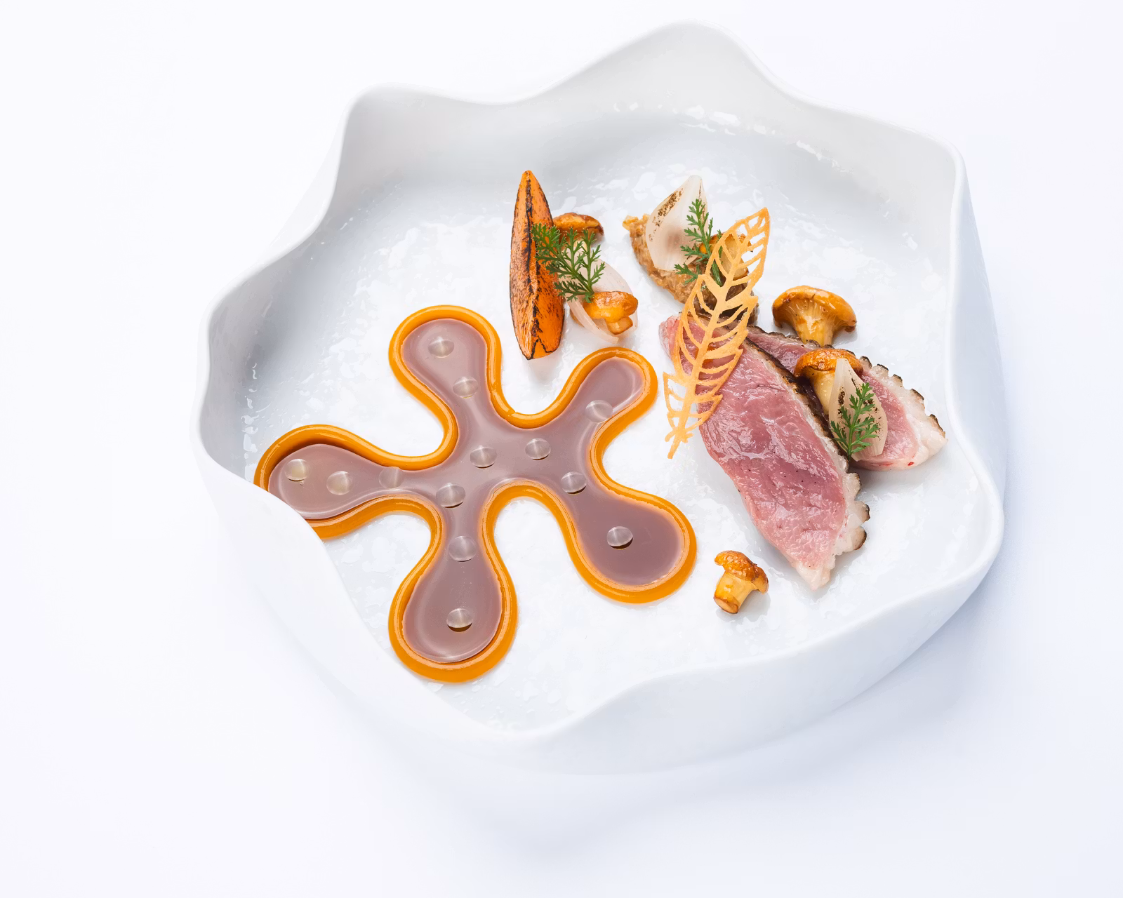 Artystycznie podane danie fine dining – kawałek pieczonej kaczki z kurkami, dekoracją z karmelu i musem