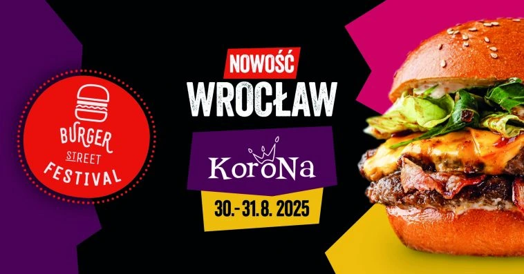 Czarno-żółto-fioletowy baner reklamowy "Burger Street Festival" we Wrocławiu. W lewej części logo festiwalu, w centrum biały napis "NOWOŚĆ WROCŁAW" i logo galerii Korona, pod spodem daty "30.-31.8.2025".