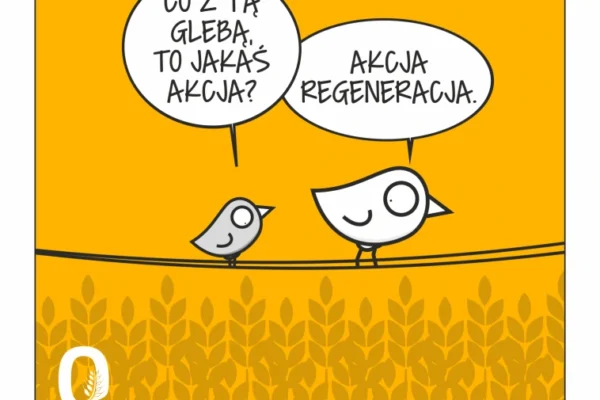 Komiks na żółtym tle. Dwa ptaki siedzą na drucie nad polem zboża. Mniejszy ptak pyta: "Co z tą glebą, to jakaś akcja?". Większy ptak odpowiada: "Akcja regeneracja". W prawym górnym rogu logo Carlsberg Polska.