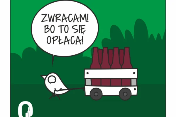 Ilustracja kampanii Carlsberg Polska: biały ptaszek ciągnie wózek z butelkami i mówi w dymku ‘Zwracam! Bo to się opłaca!’. W tle zielone drzewa, w rogu logotyp Carlsberg Polska oraz napis ‘Zero odpadów opakowaniowych’.