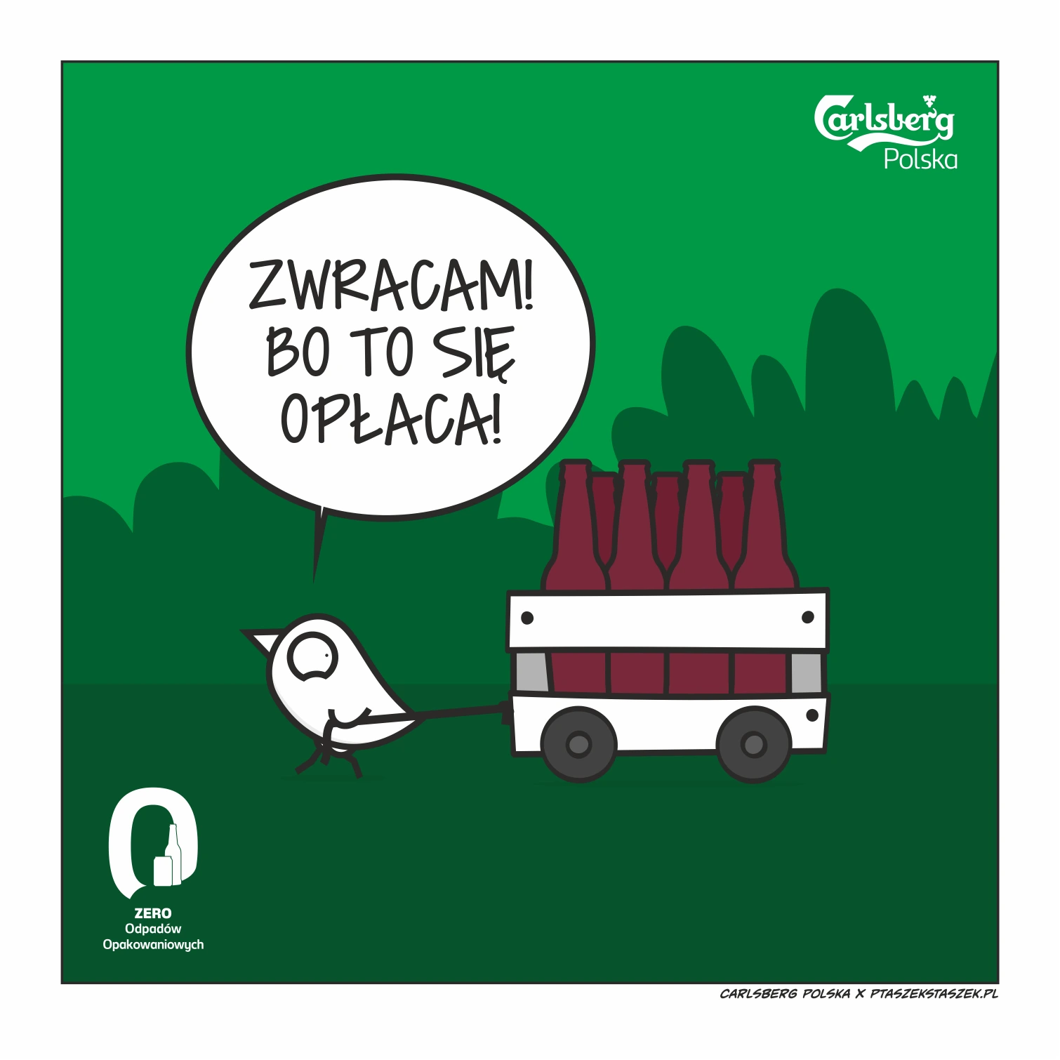 Ilustracja kampanii Carlsberg Polska: biały ptaszek ciągnie wózek z butelkami i mówi w dymku ‘Zwracam! Bo to się opłaca!’. W tle zielone drzewa, w rogu logotyp Carlsberg Polska oraz napis ‘Zero odpadów opakowaniowych’.