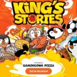 Grafika promująca King’s Stories – pierwszą gamingową pizzę, z postaciami pingwinów w strojach graczy i sportowców na pomarańczowym tle z napisem King’s Stories.