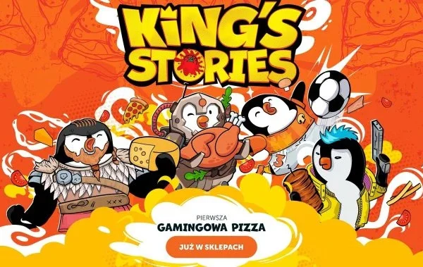 Grafika promująca King’s Stories – pierwszą gamingową pizzę, z postaciami pingwinów w strojach graczy i sportowców na pomarańczowym tle z napisem King’s Stories.