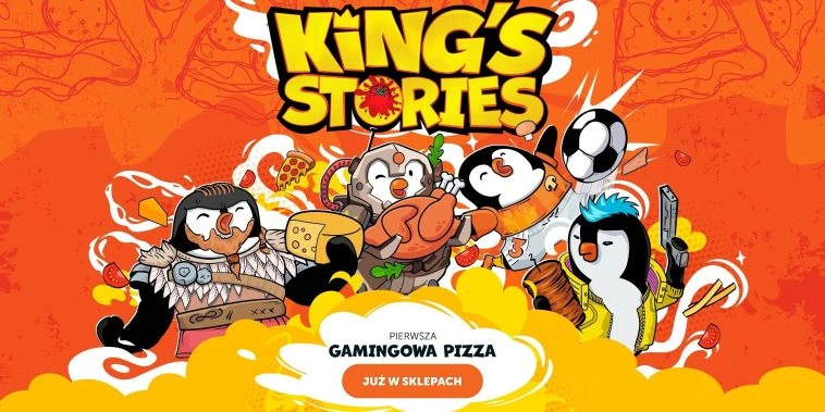 Grafika promująca King’s Stories – pierwszą gamingową pizzę, z postaciami pingwinów w strojach graczy i sportowców na pomarańczowym tle z napisem King’s Stories.